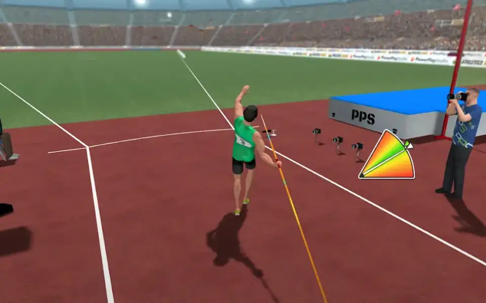 Athletics Mania: Track & Field — atleta a preparar o lançamento do dardo num estádio cheio