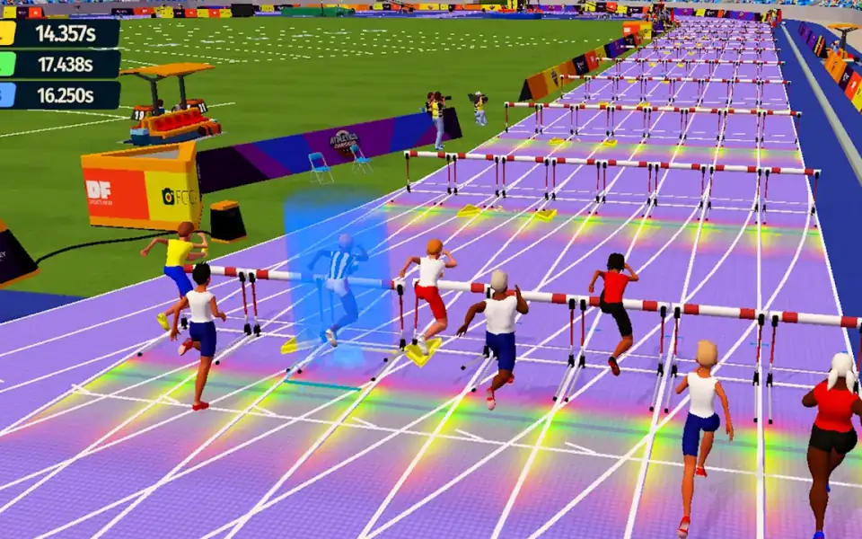 Athletics Championship — corrida de 110 metros barreiras numa pista lilás