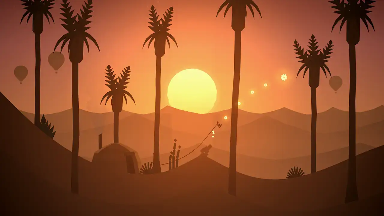 Alto's Odyssey — silhuetas de palmeiras e dunas ao pôr do sol, com a prancha em pleno salto