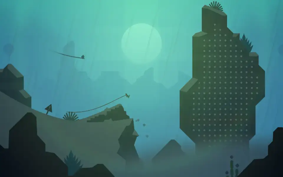 Alto's Odyssey — prancha a descer uma encosta verde-água junto a uma torre de pedra