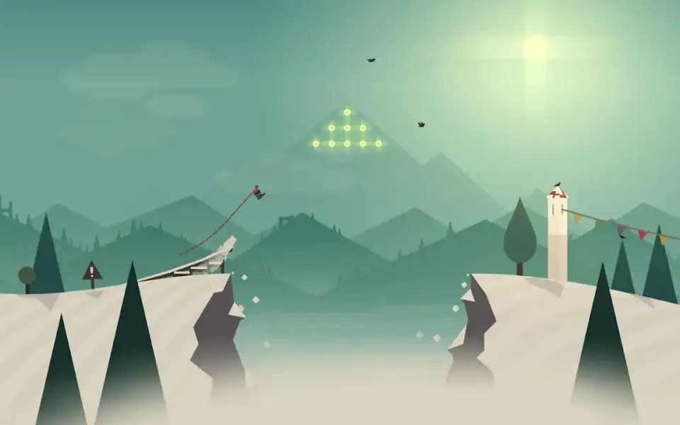 Alto's Adventure — descida de snowboard entre pinheiros e bandeirolas numa montanha nevada