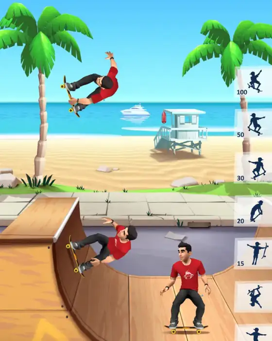 Flip Skater — skaters num half-pipe de madeira junto a uma praia com palmeiras