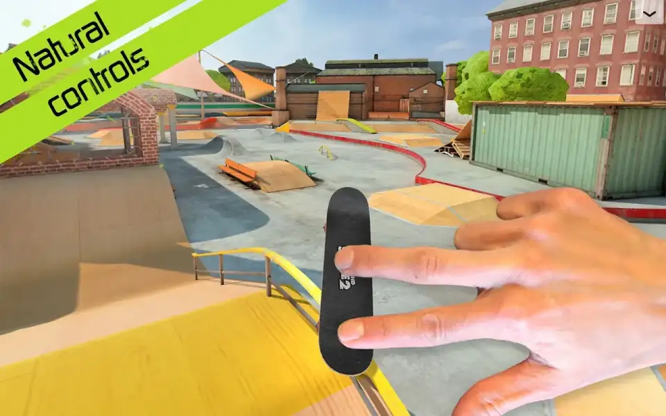 Touchgrind Skate 2 — dois dedos pousados num skate num skatepark ao ar livre